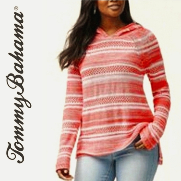 Tommy Bahama Marled Striped Knit Hoodie Pullover in Dubarry Coral Sz S - Picture 1 of 10